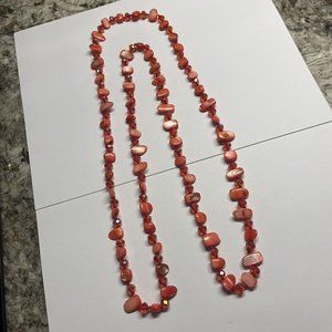 Women’s Costume Necklace Red Shell / Glass Beads Handmade 48 Inch